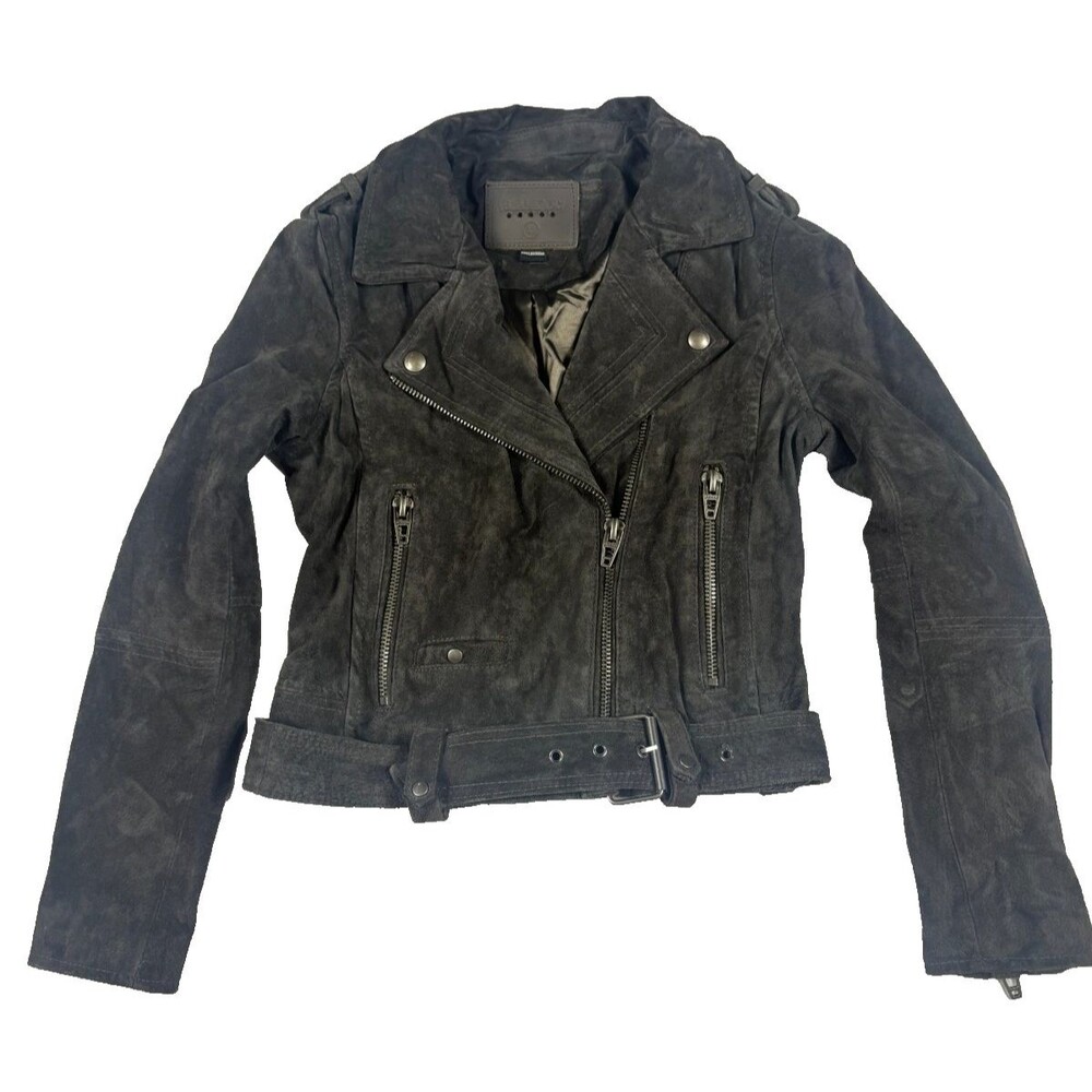 BLANKNYC Women XS Gray Suede Leather Moto Jacket Belted Biker Zip 73K-9269